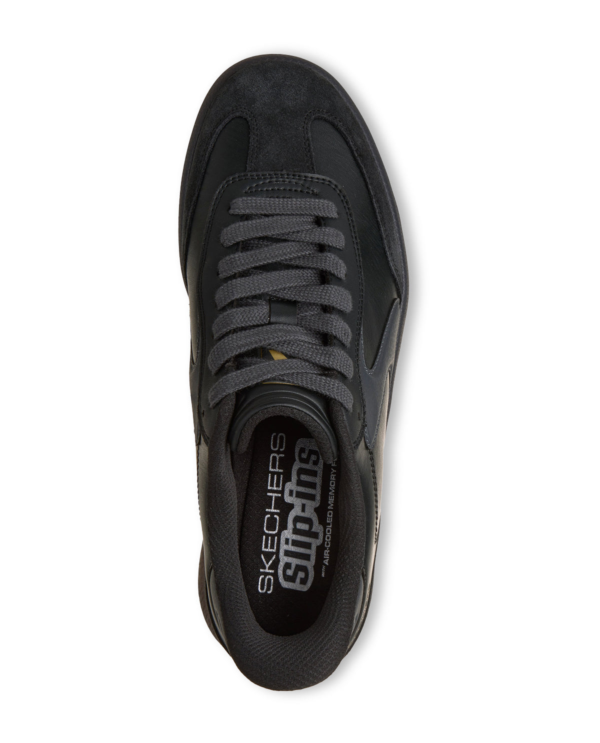 Black sneaker with 'Skechers' branding on a white background