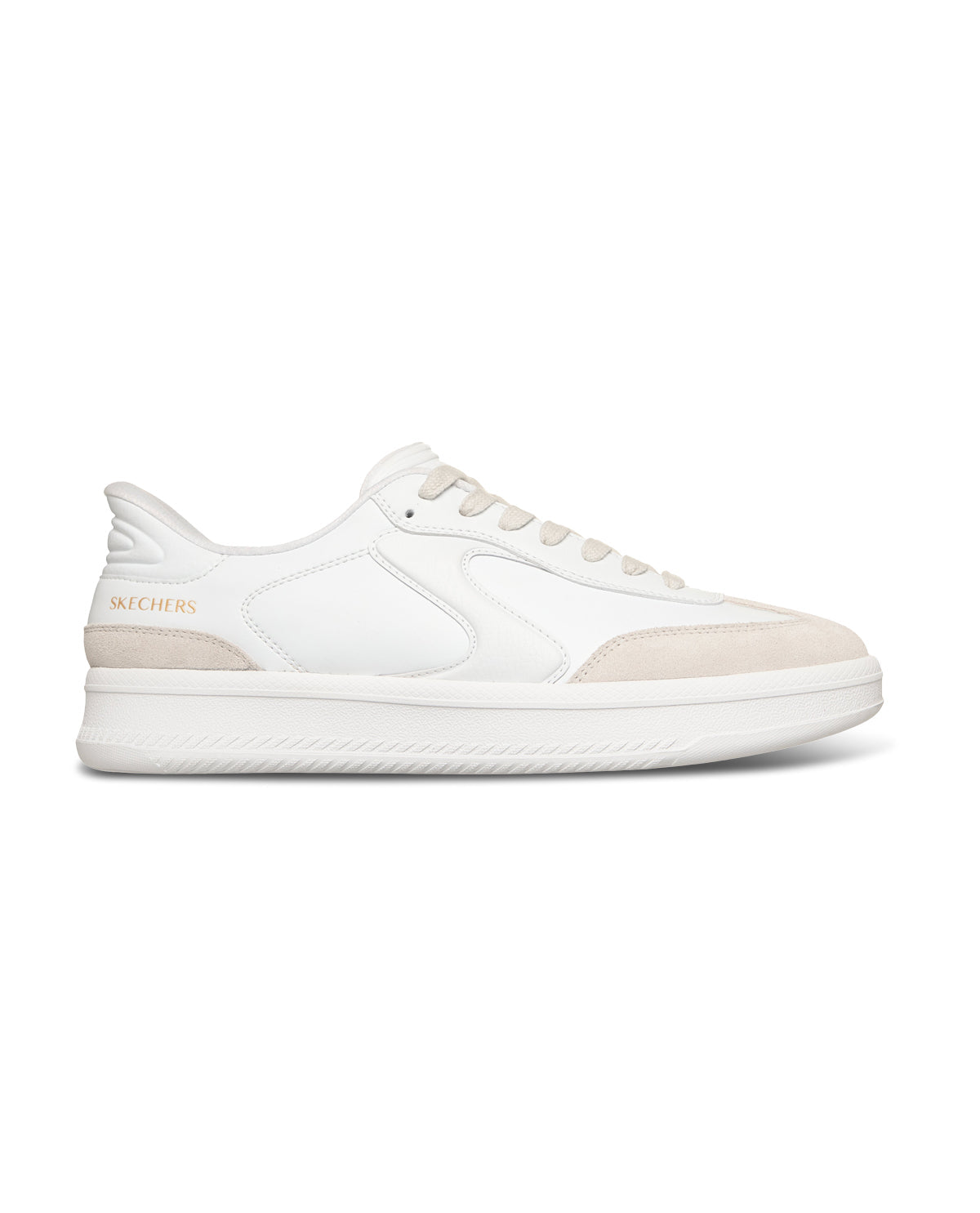 White sneaker with beige accents on a white background