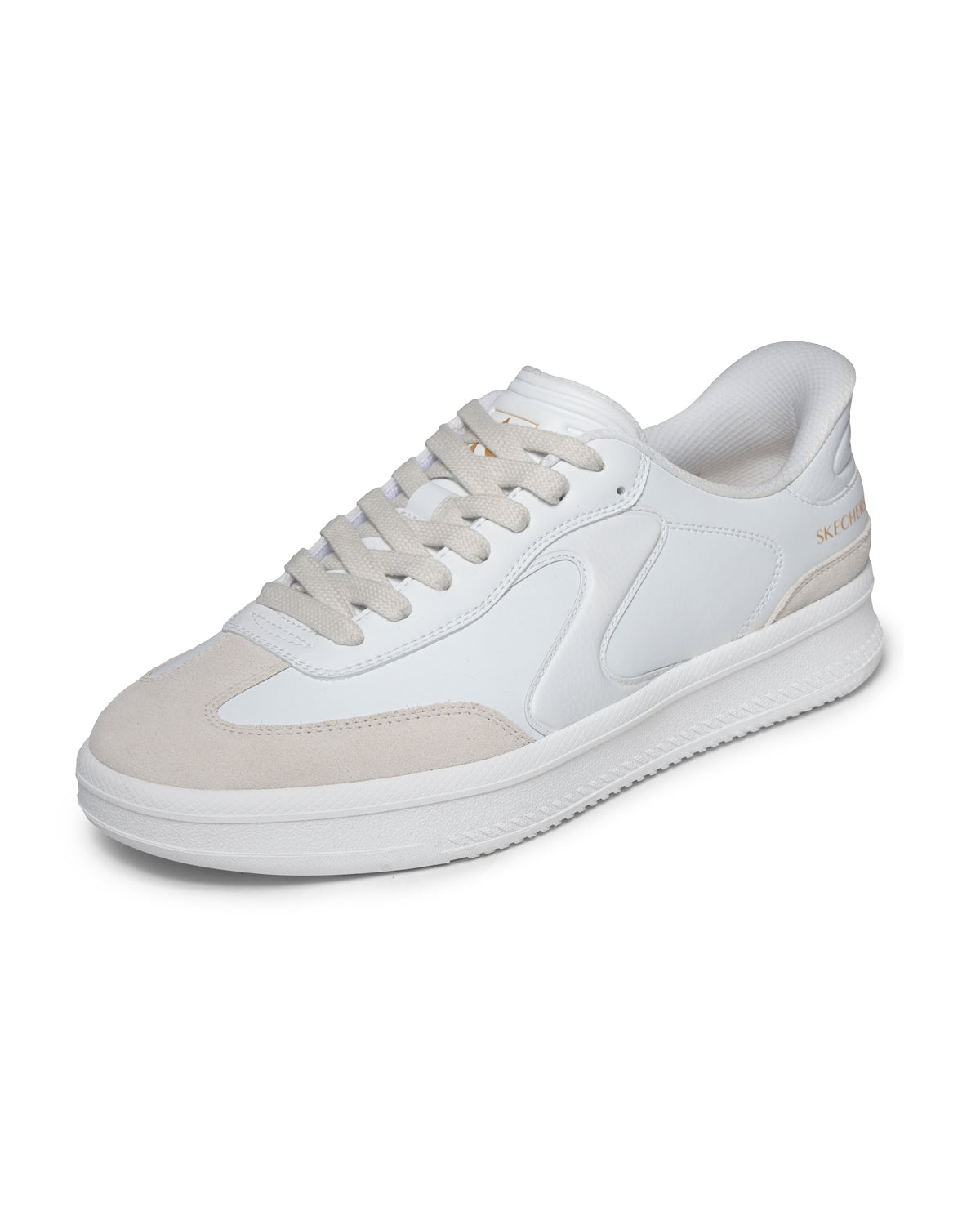 White sneaker with beige accents on a white background