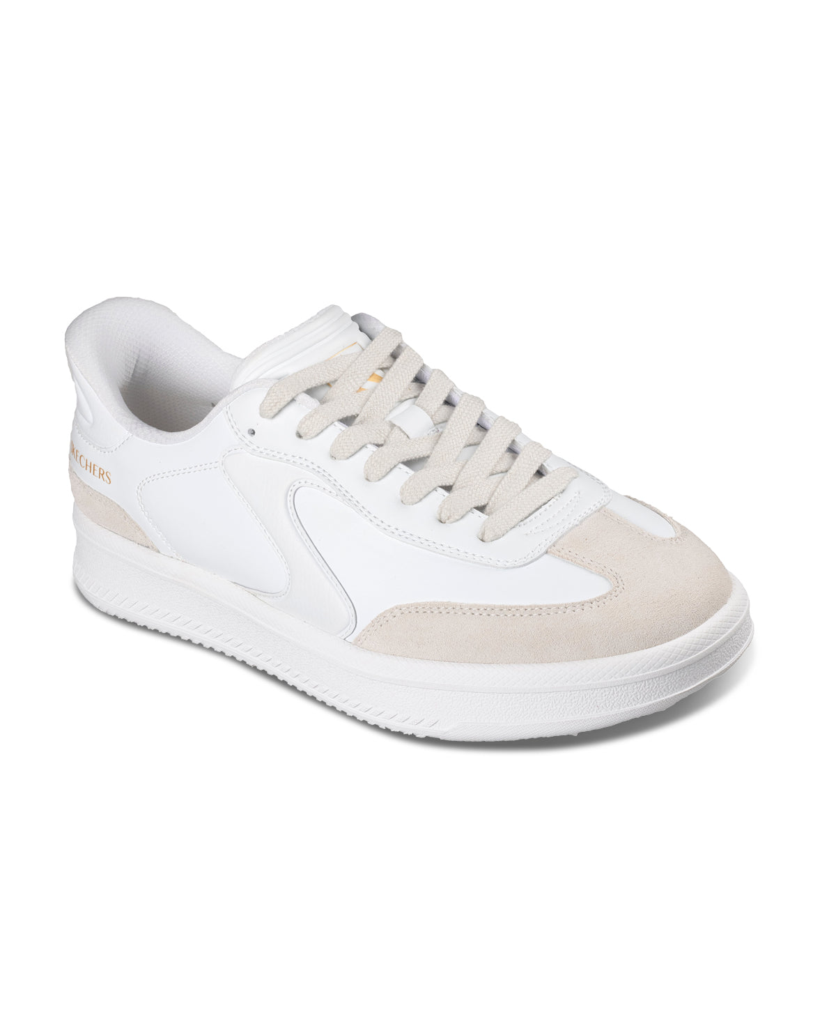 White sneaker with beige accents on a white background