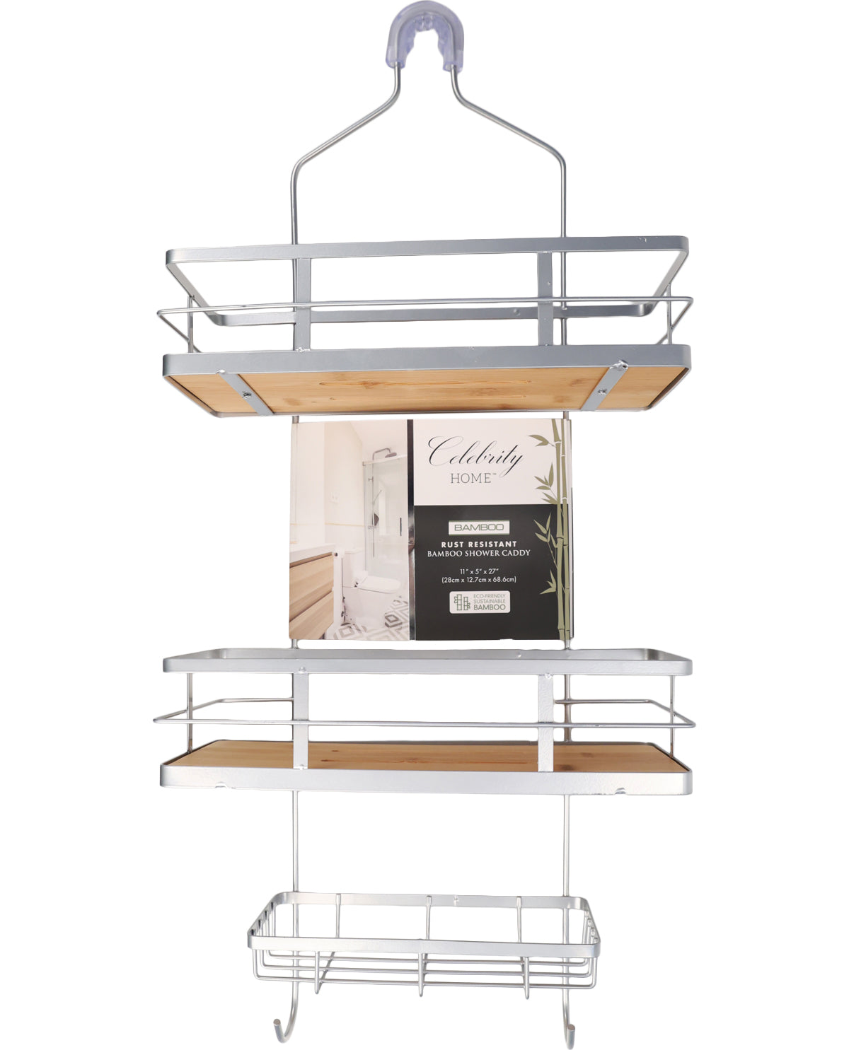 Grey Shower Caddy With Bamboo Tray