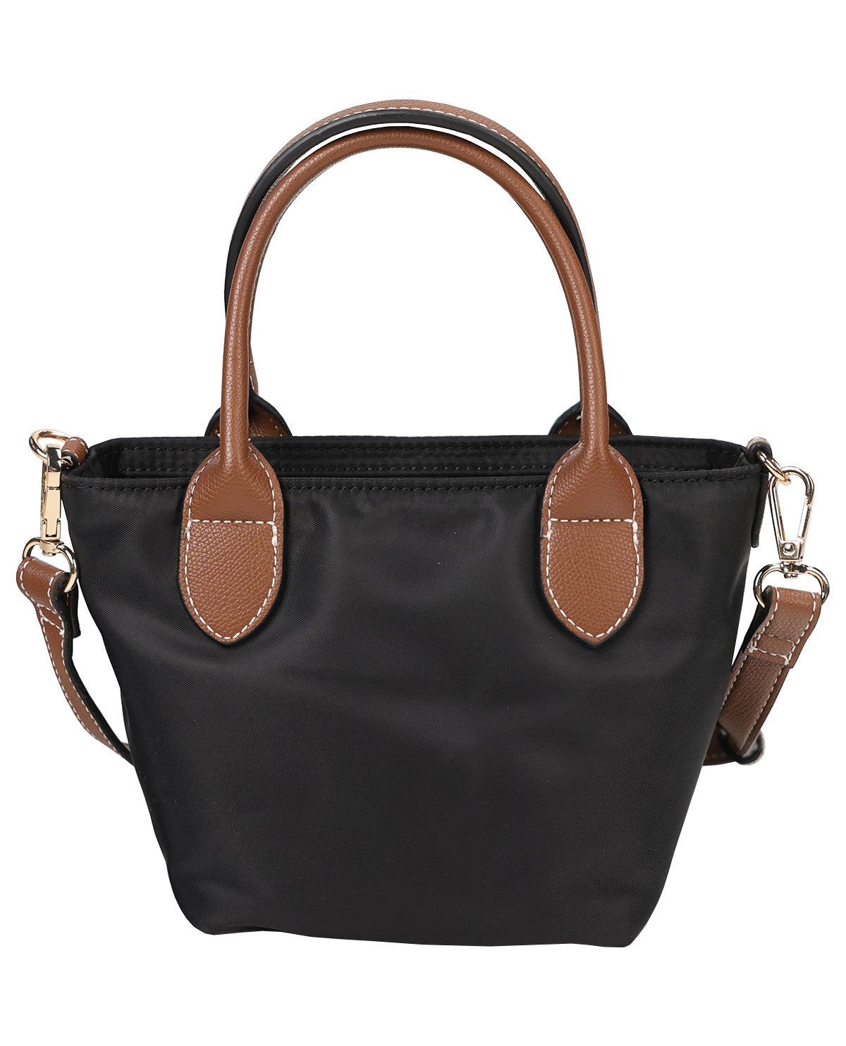 A black nylon handbag with brown leather handles and trim, featuring gold-tone hardware and a detachable shoulder strap, shown against a plain white background.