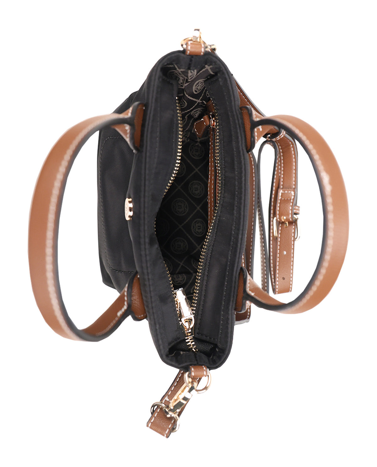 An overhead view of a black nylon shoulder bag with tan leather straps and gold-tone hardware, showing the interior zippered compartments and patterned lining.