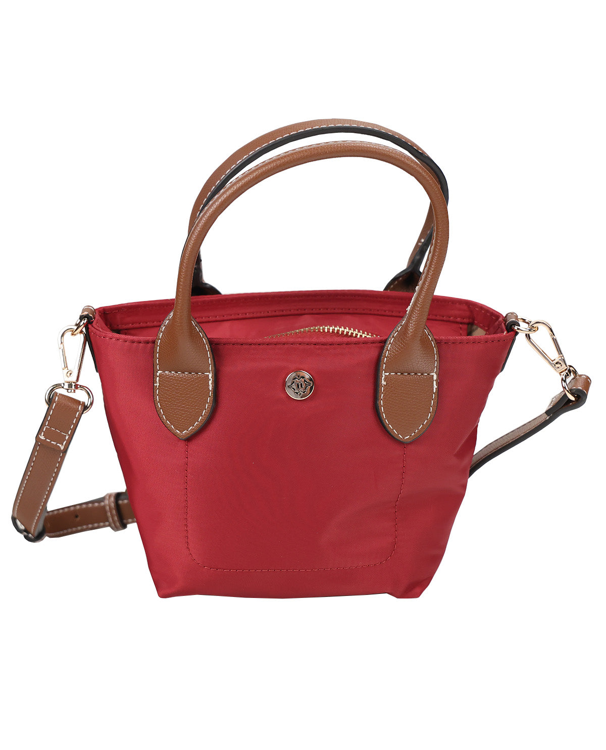 A red nylon handbag with brown leather handles and trim, featuring a top zipper, a silver-tone snap button, and an adjustable shoulder strap with gold-tone hardware, shown against a plain white background.