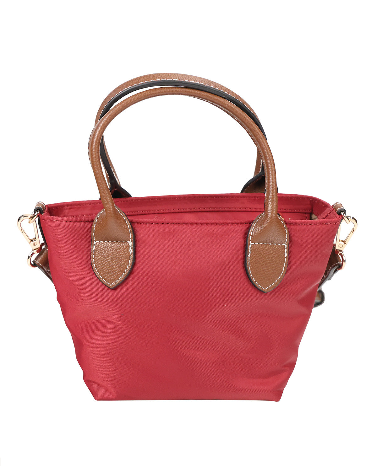 A red nylon handbag with brown leather handles and trim, featuring gold-tone hardware, shown against a plain white background.
