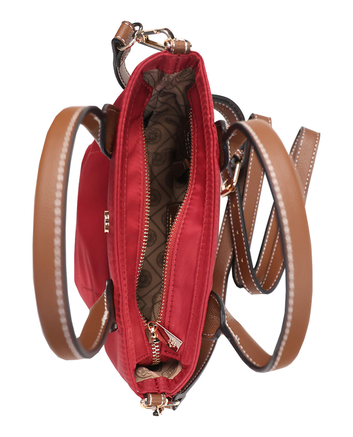A red nylon shoulder bag with brown leather straps and a brown patterned interior lining, shown from a top-down view on a white background.