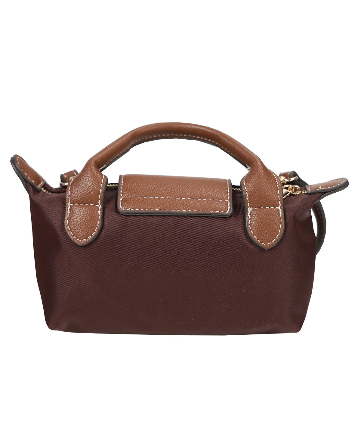 A small structured handbag in dark brown coated canvas with tan leather trim, top handles, and a matching front flap, shown on a plain white background.
