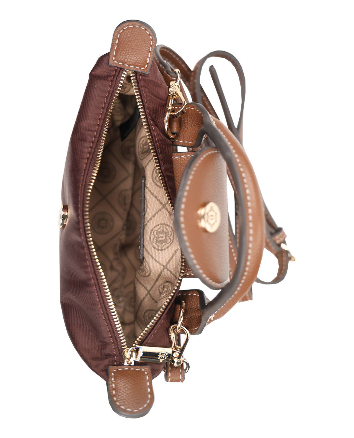 A brown nylon shoulder bag with a brown leather strap and a patterned brown interior lining, shown open against a white background.