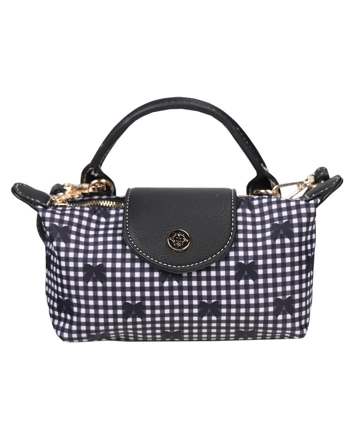 A small handbag with a navy and white gingham pattern, black leather top handle and flap, and gold-tone hardware, shown against a plain white background.