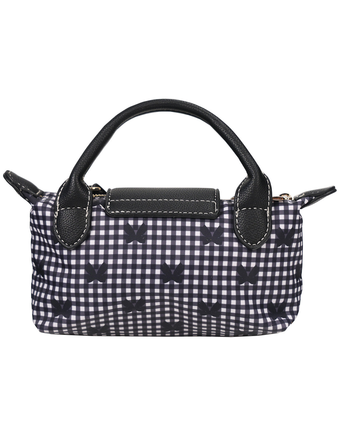 A small black and white gingham handbag with black faux-leather handles and trim, shown against a plain white background.