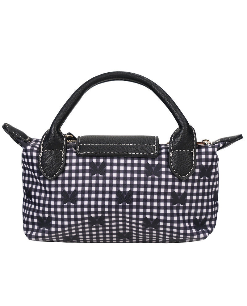 A small black and white gingham handbag with black faux-leather handles and trim, shown against a plain white background.