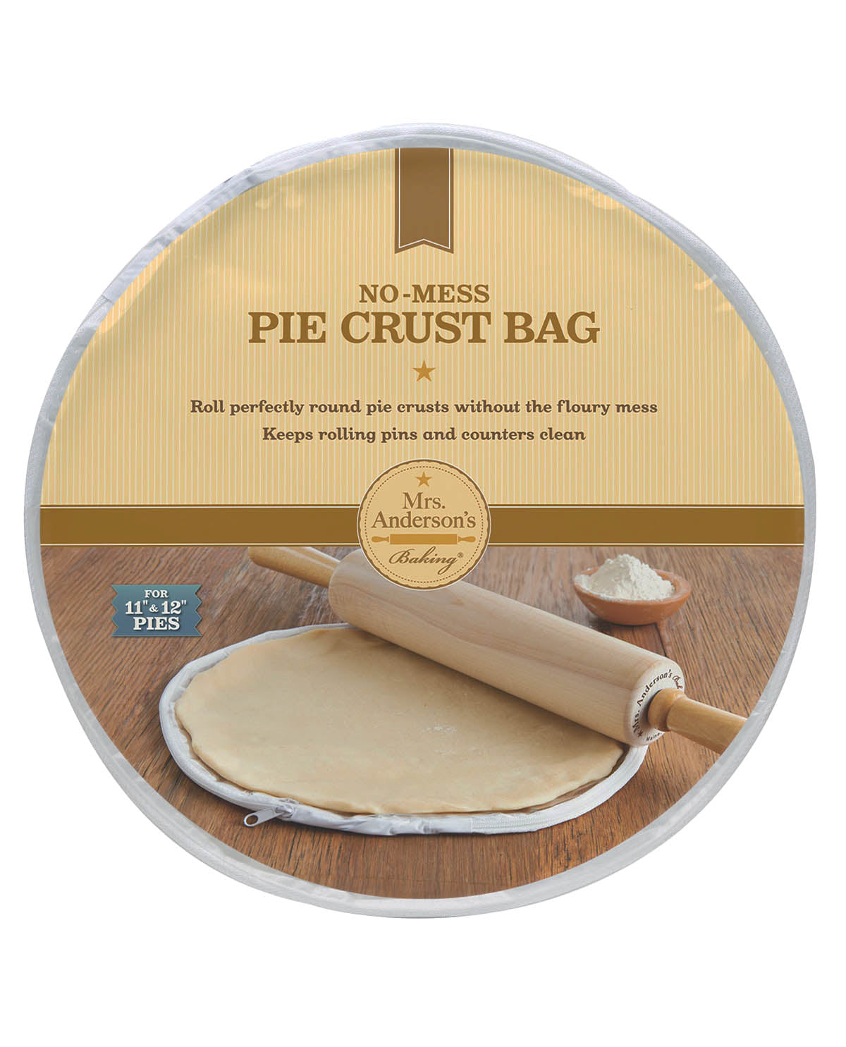 No-mess pie crust bag packaging with rolling pin and dough on a wooden surface
