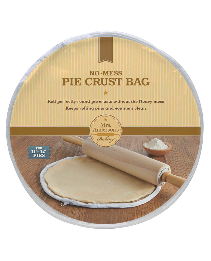 No-mess pie crust bag packaging with rolling pin and dough on a wooden surface