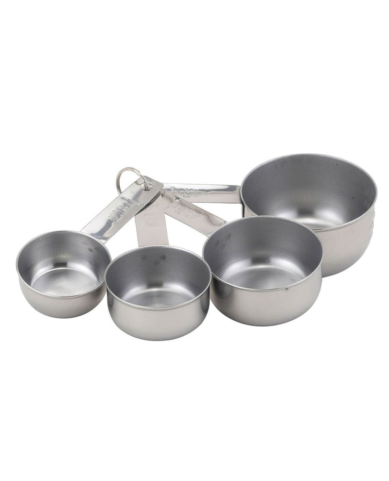 Set of five metal measuring cups on a white background