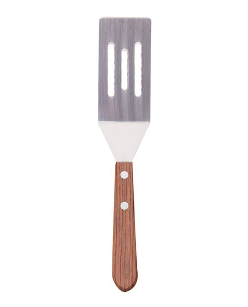 A metal kitchen spatula with a brushed silver blade featuring three vertical slots, a white plastic collar, and a brown wood-grain handle secured by two silver rivets, shown against a plain white background.