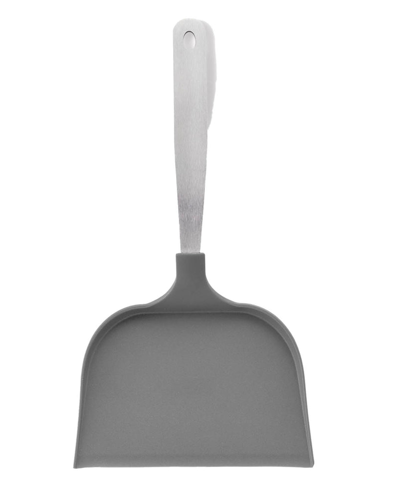 Gray dustpan with a white handle on a white background