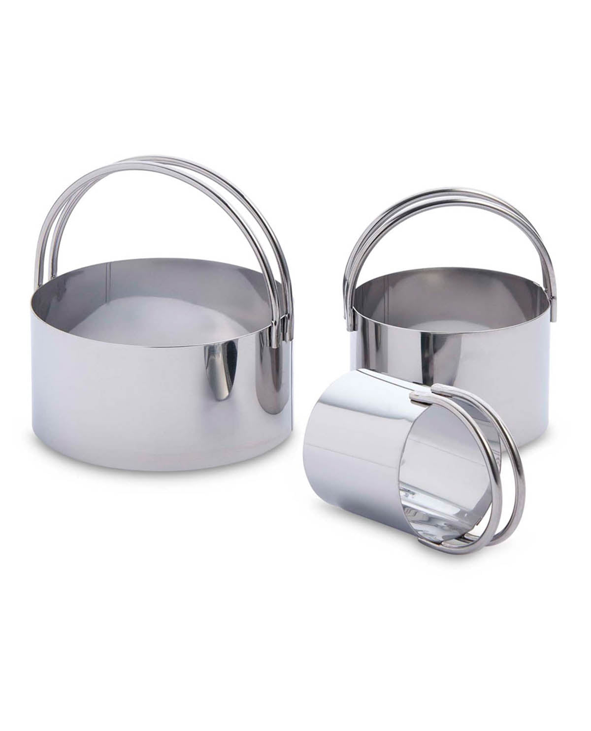 Set of three metallic cookie cutters on a white background