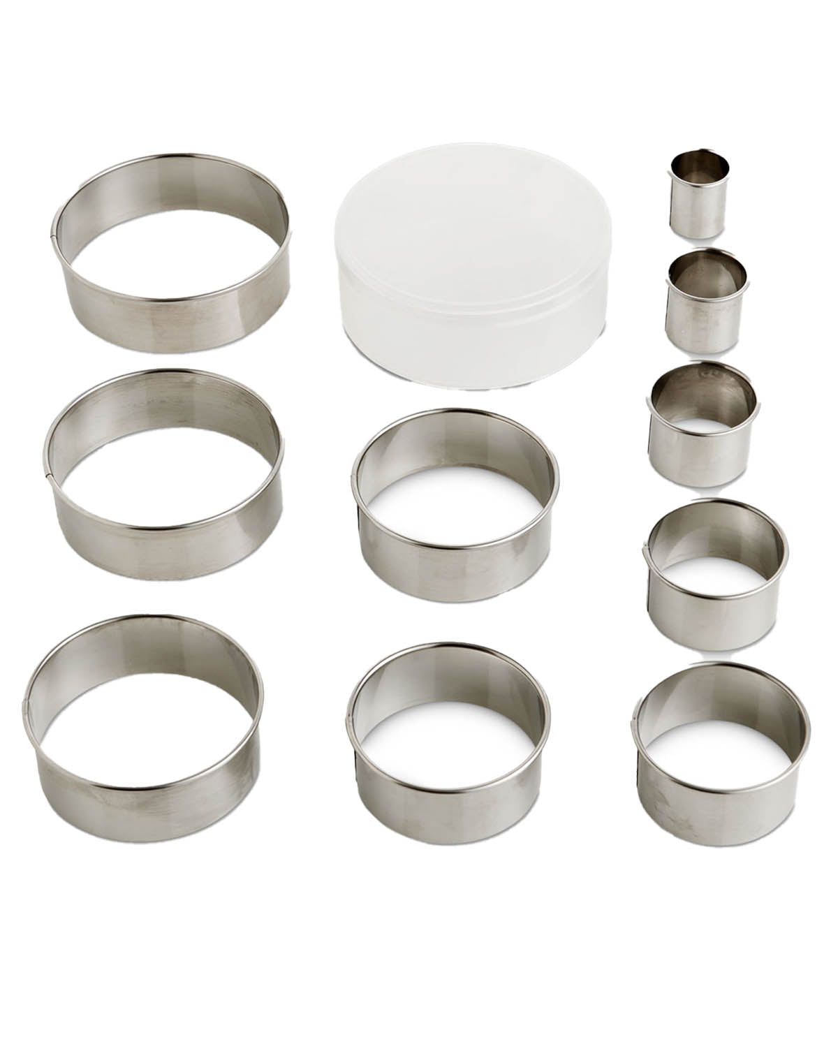 A set of round metal cake or cookie cutters in multiple sizes, including several larger ring cutters, several smaller cylindrical cutters, and one round white lid, shown on a plain white background.