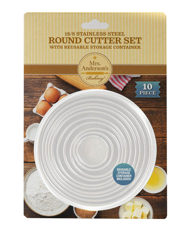 Mrs. Anderson's 18/8 stainless steel round cutter set with reusable storage container, packaged on a cardboard backing with baking-themed graphics.