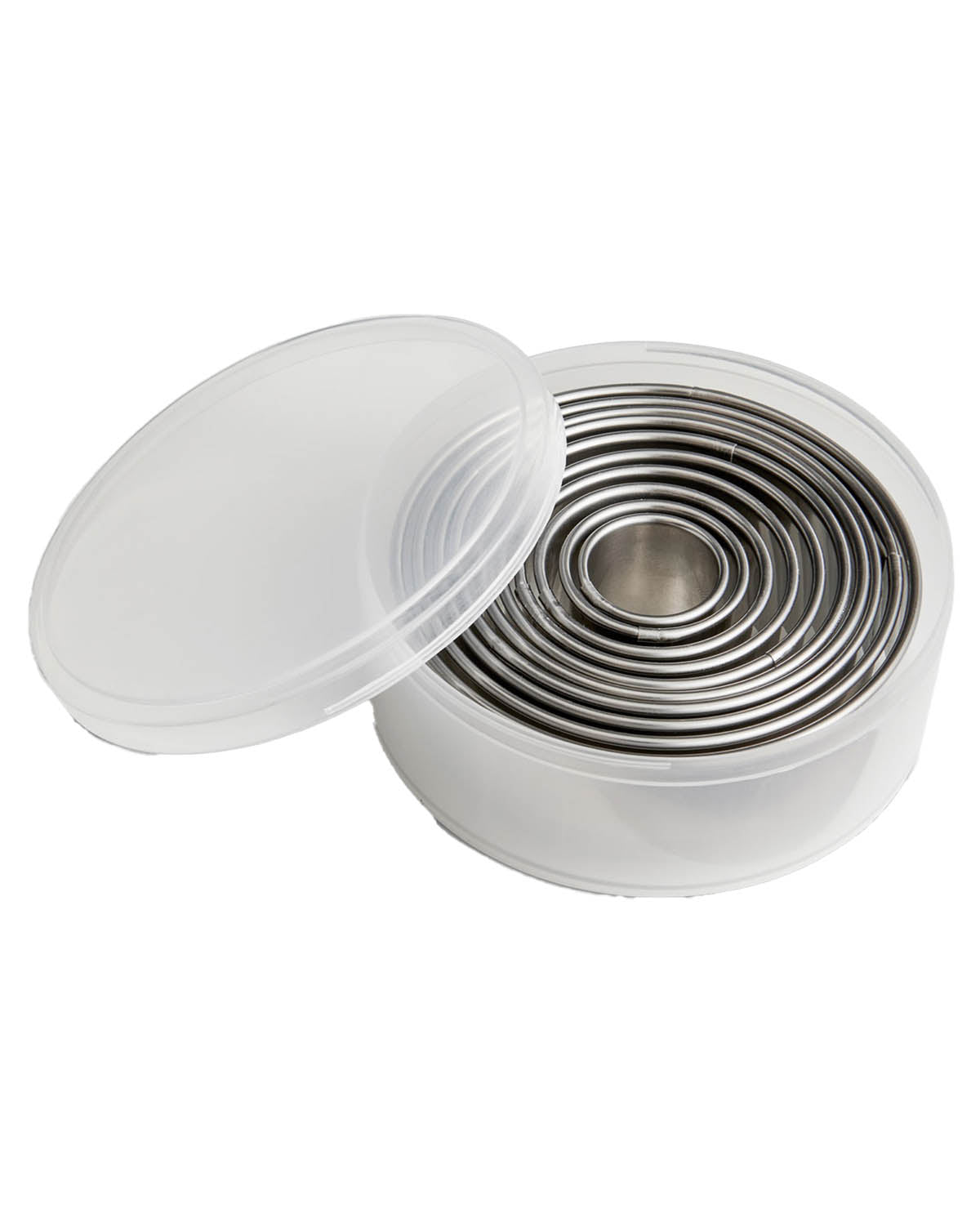 A set of nested round metal cookie cutters in a clear plastic container with a matching translucent lid, shown on a plain white background.