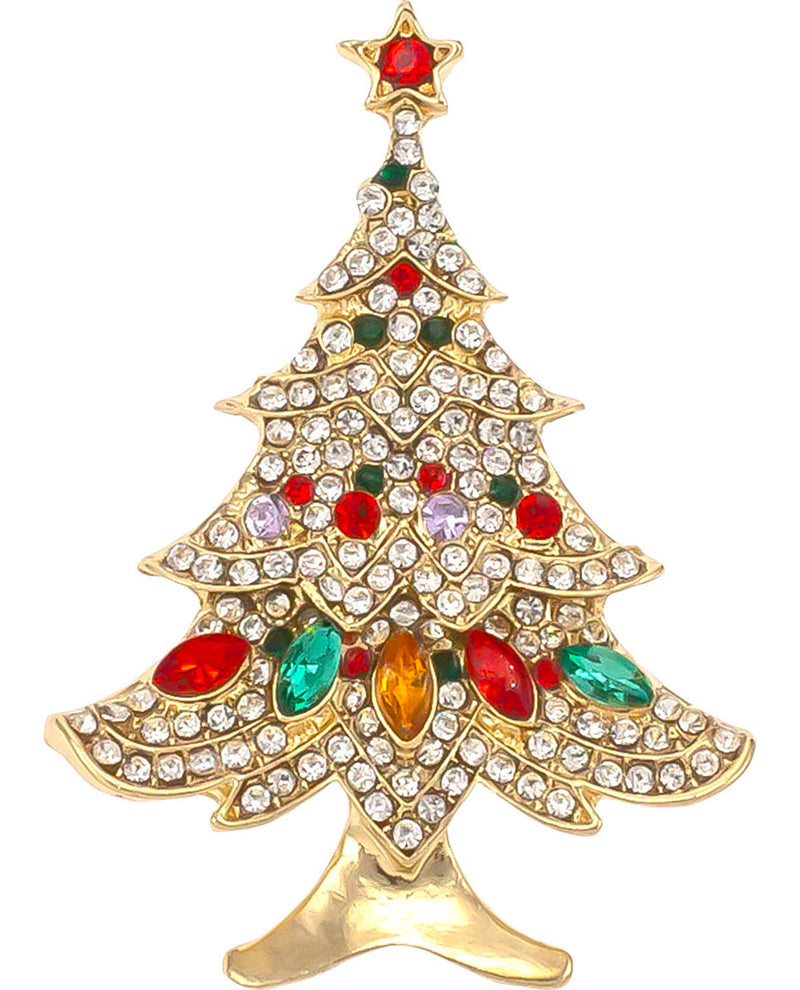 A gold Christmas tree brooch or pin embellished with clear rhinestones and colorful faux gemstones in red, green, orange, purple, and white, set against a plain white background.