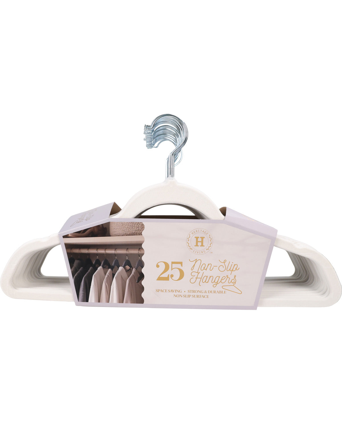 A pack of 25 non-slip hangers by The Hanger Company, shown with their original paper packaging label on a solid white background.