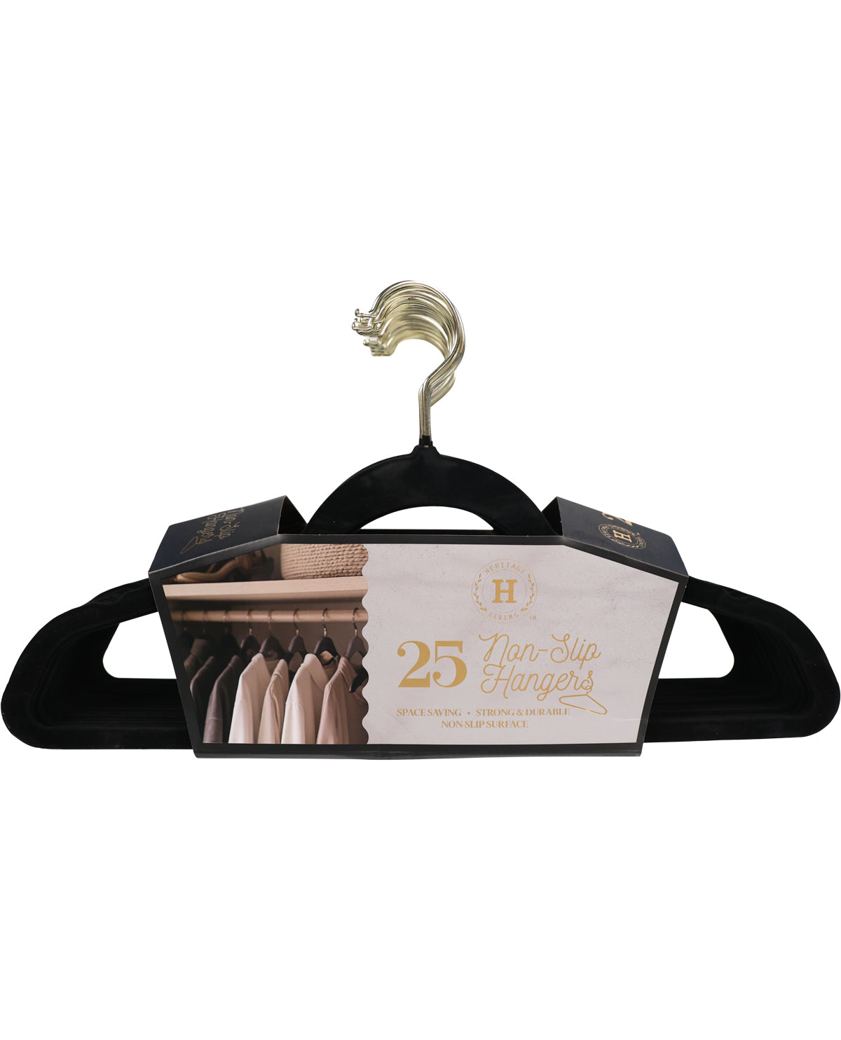 A retail package of 25 non-slip hangers, featuring a black plastic hanger with a gold metal hook and a printed cardboard insert showing the hangers in use.