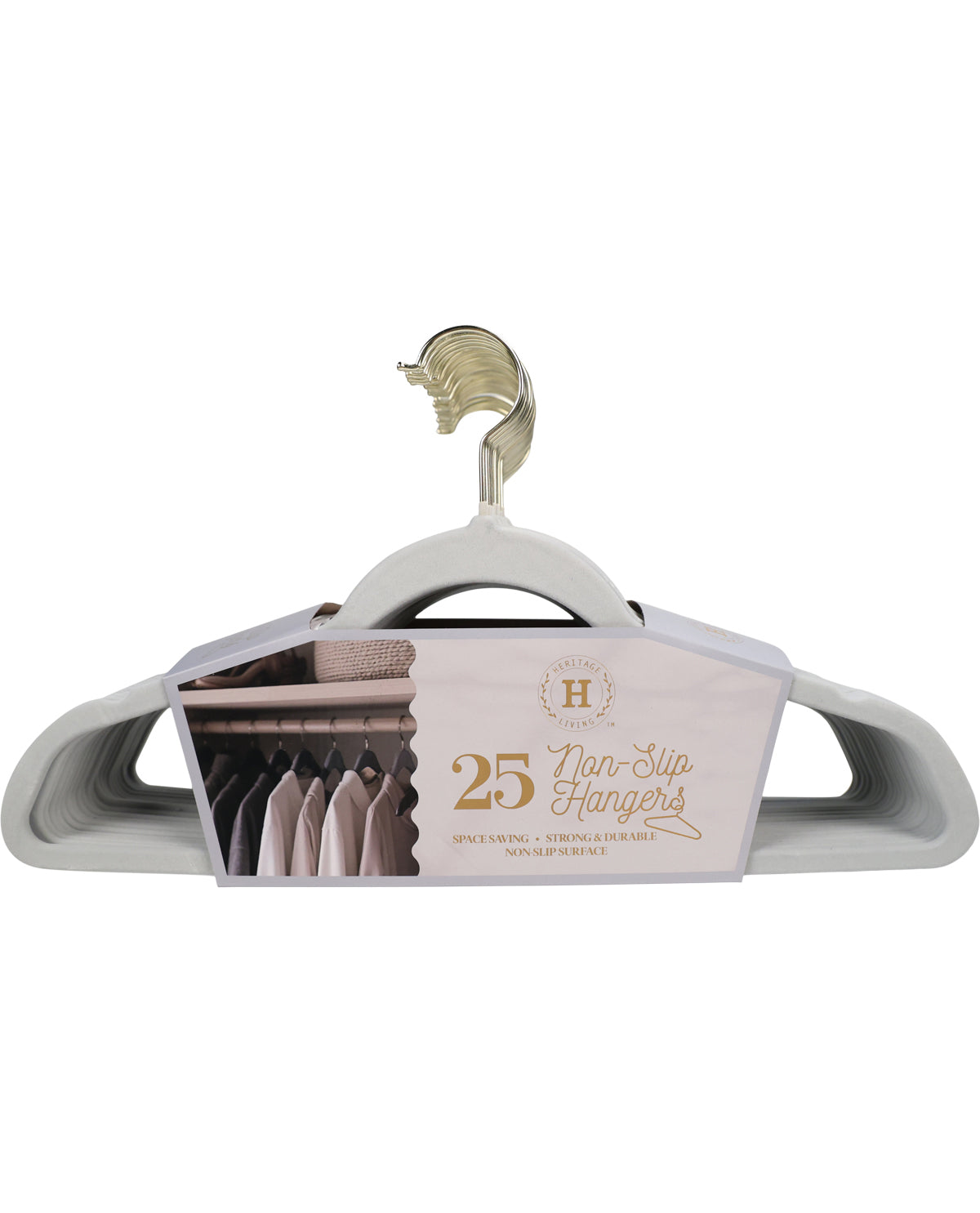 A pack of 25 non-slip hangers by Home Hardware, featuring a white plastic body with a gold metal hook and a clear protective plastic sleeve containing a product information card.
