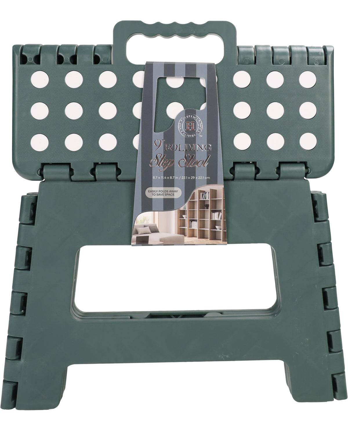 A dark green foldable plastic step stool with a handle on top and a large cutout at the bottom, shown with its retail packaging card in the center against a white background.
