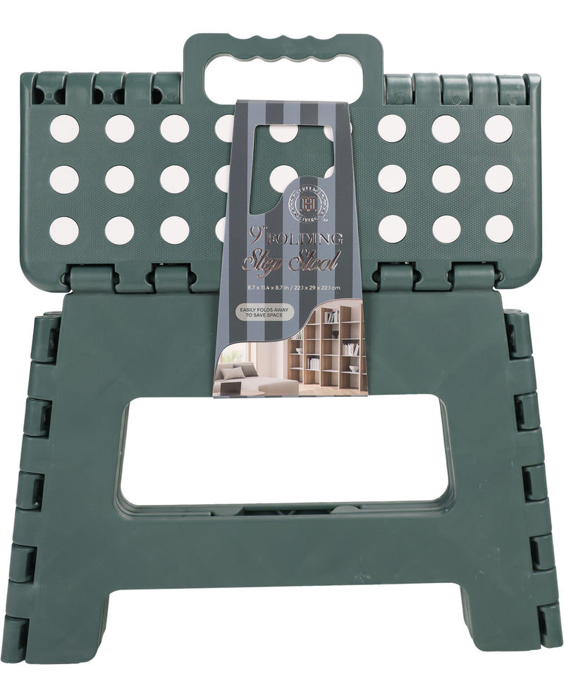 A dark green foldable plastic step stool with a handle on top and a large cutout at the bottom, shown with its retail packaging card in the center against a white background.