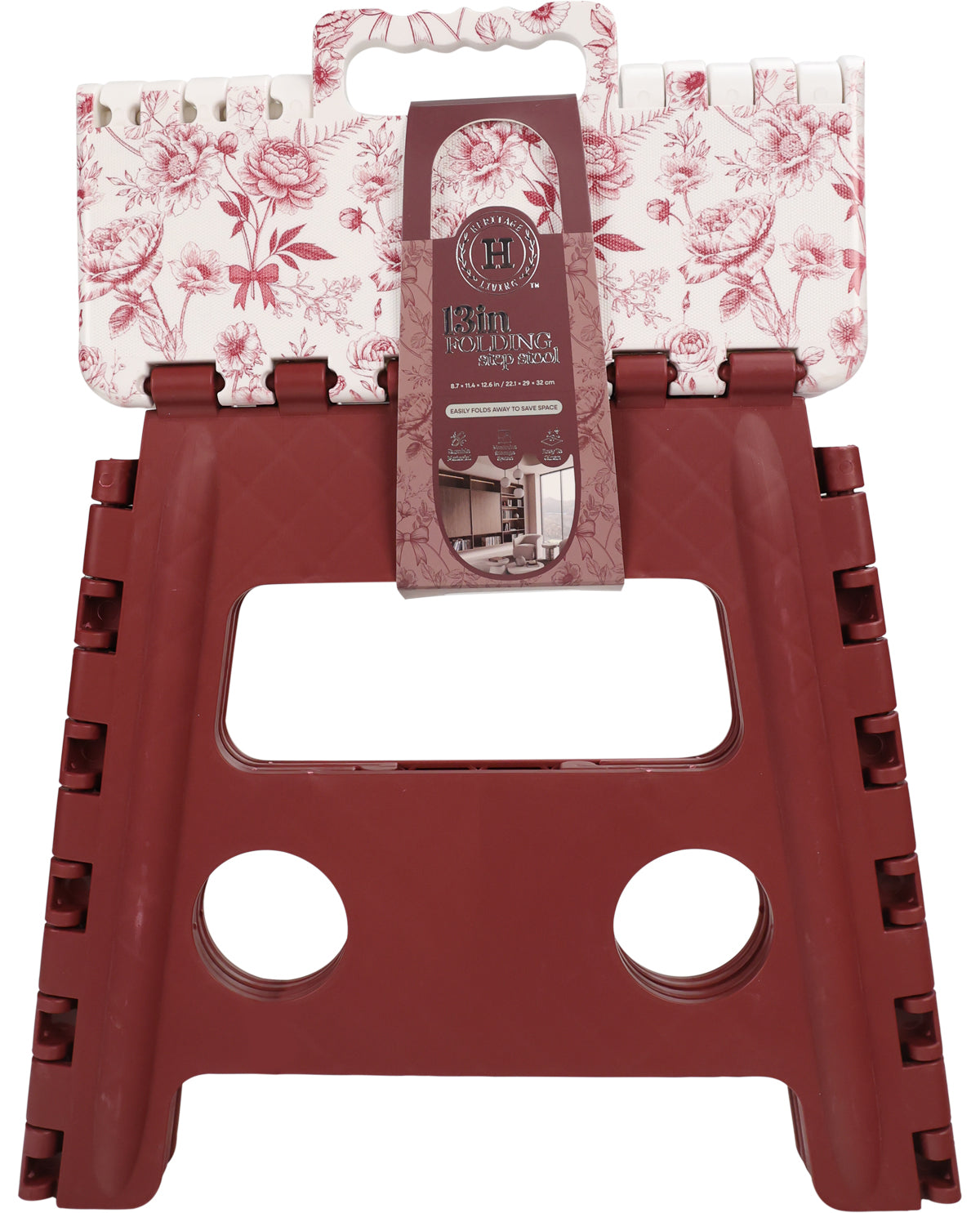 A burgundy plastic step stool with a floral-patterned carrying case on a white background.