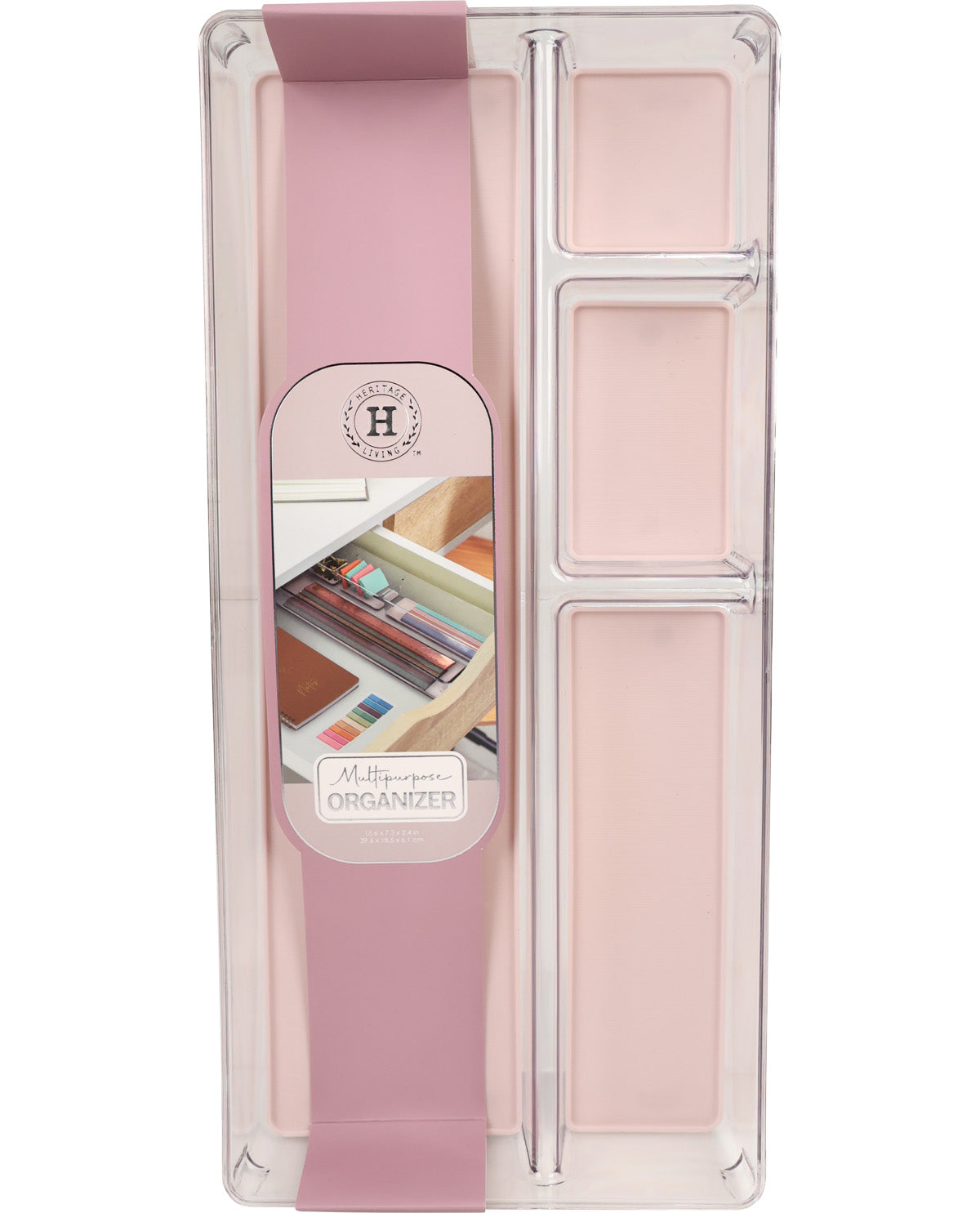 A pink and clear plastic multi-compartment organizer case with a matching pink ribbon or strap attached, shown on a plain white background.