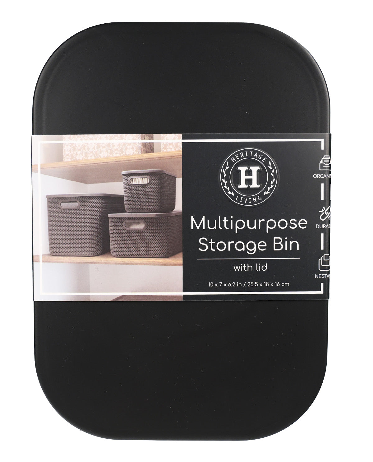 A black multipurpose storage bin with lid, shown in its retail packaging with a clear window displaying three gray woven storage bins inside. The packaging features the 'Heritage Living' brand logo and product details.