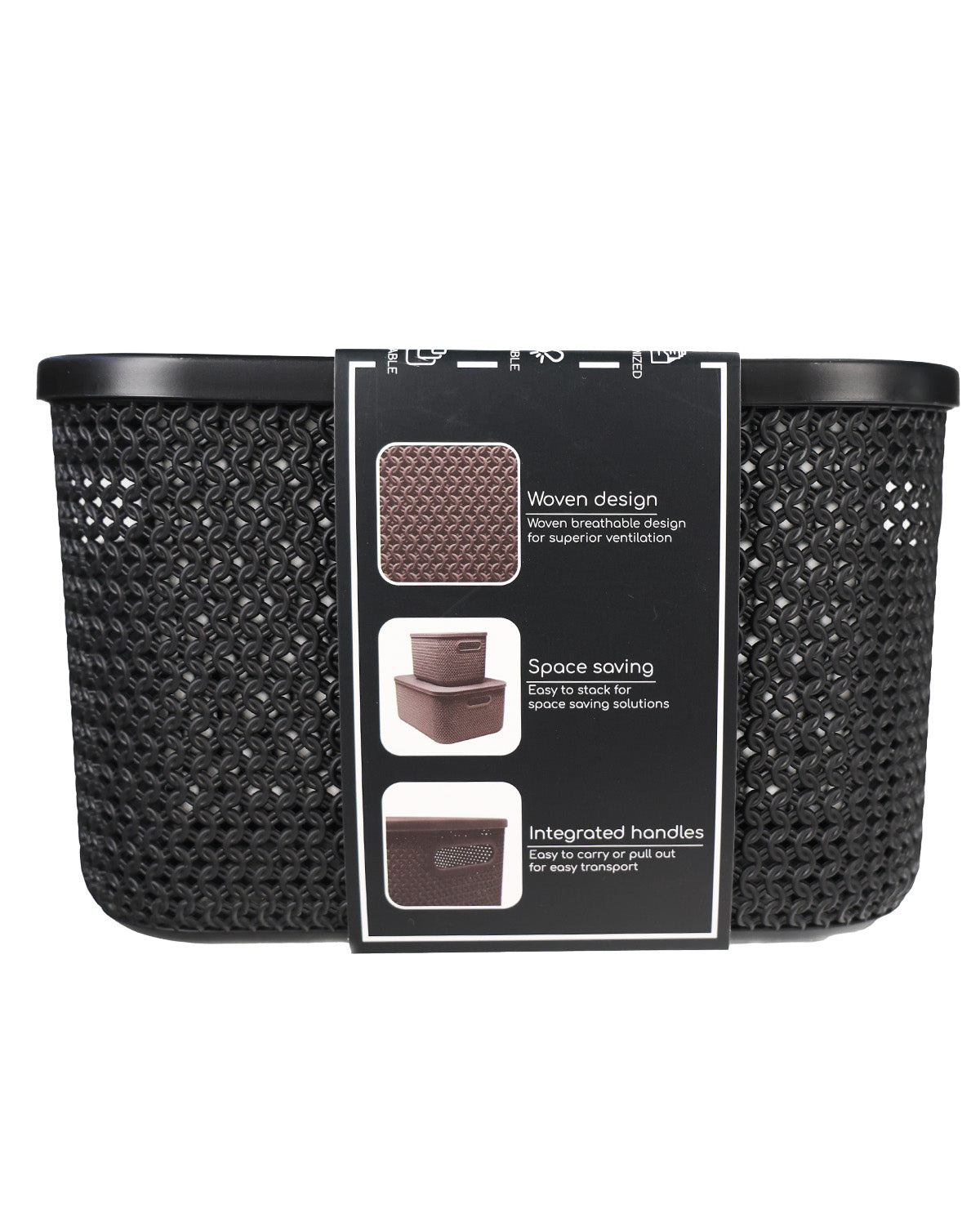 Black woven mesh storage basket with integrated handles, shown with a black product information card in the center on a white background.