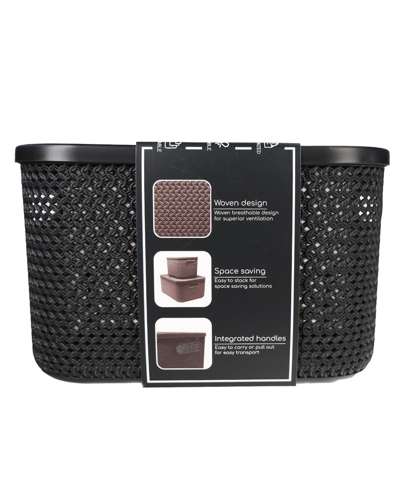Black woven mesh storage basket with integrated handles, shown with a black product information card in the center on a white background.