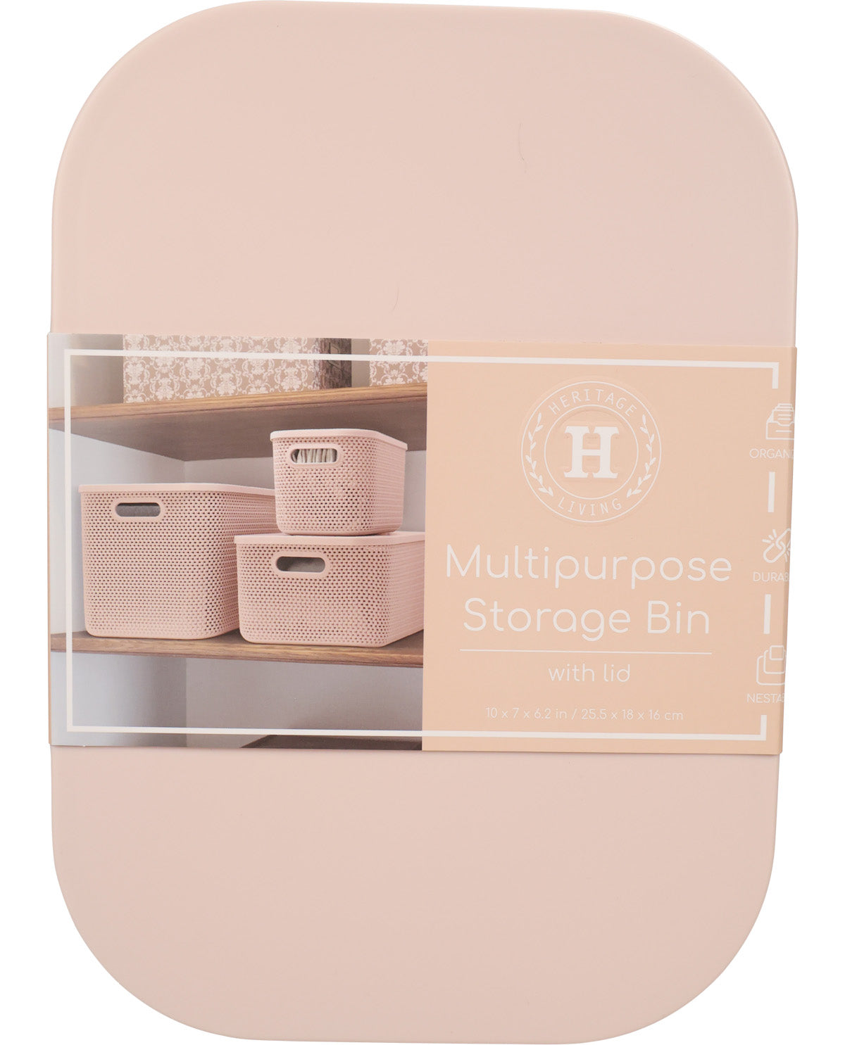 A dusty pink plastic storage bin with a lid, shown inside its retail packaging. The packaging features a clear window displaying the bin and a peach-colored label with the text 'Multipurpose Storage Bin with lid' and a circular 'H' logo.