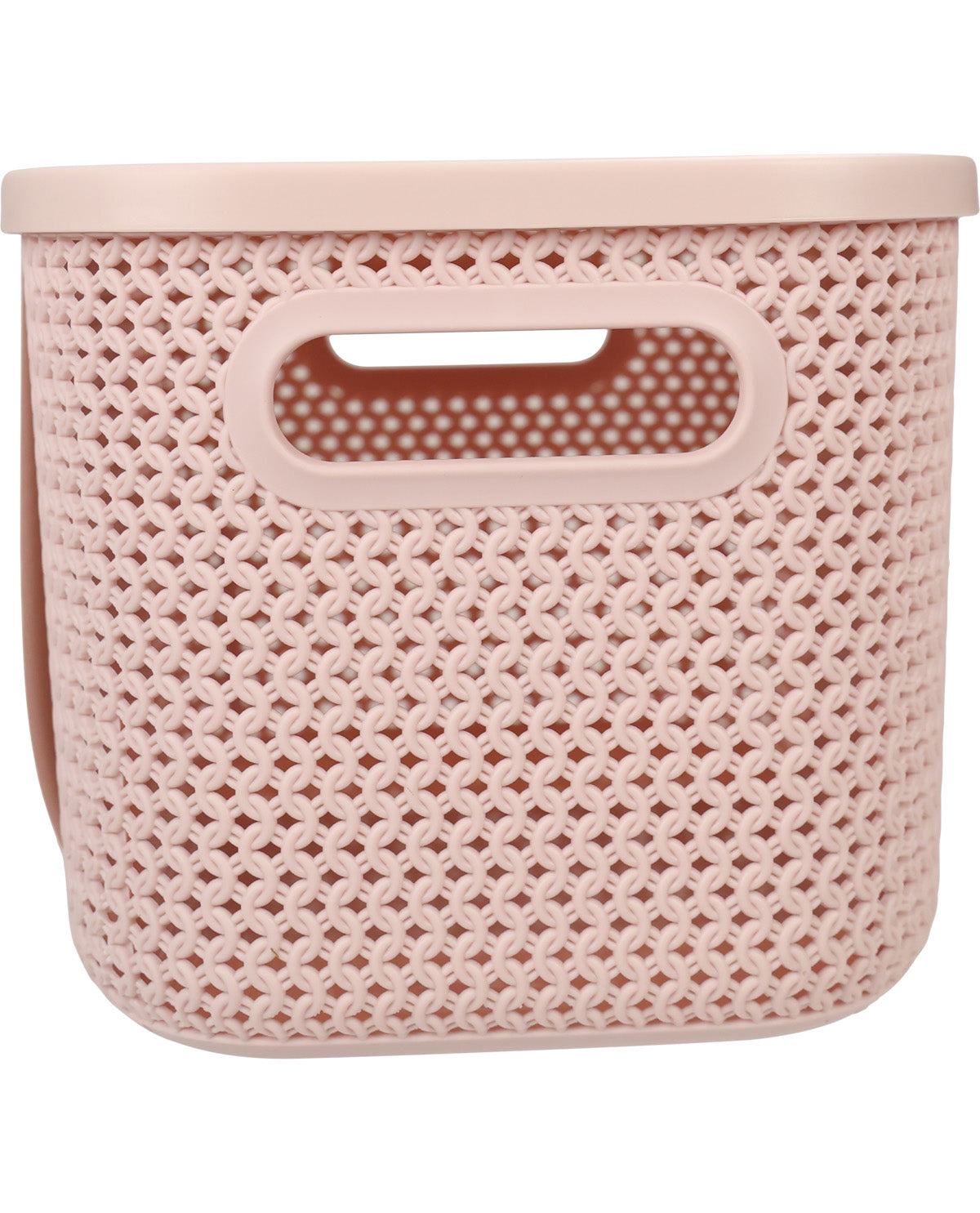 A dusty pink plastic storage basket with a perforated mesh design and an integrated handle cutout, shown against a plain white background.