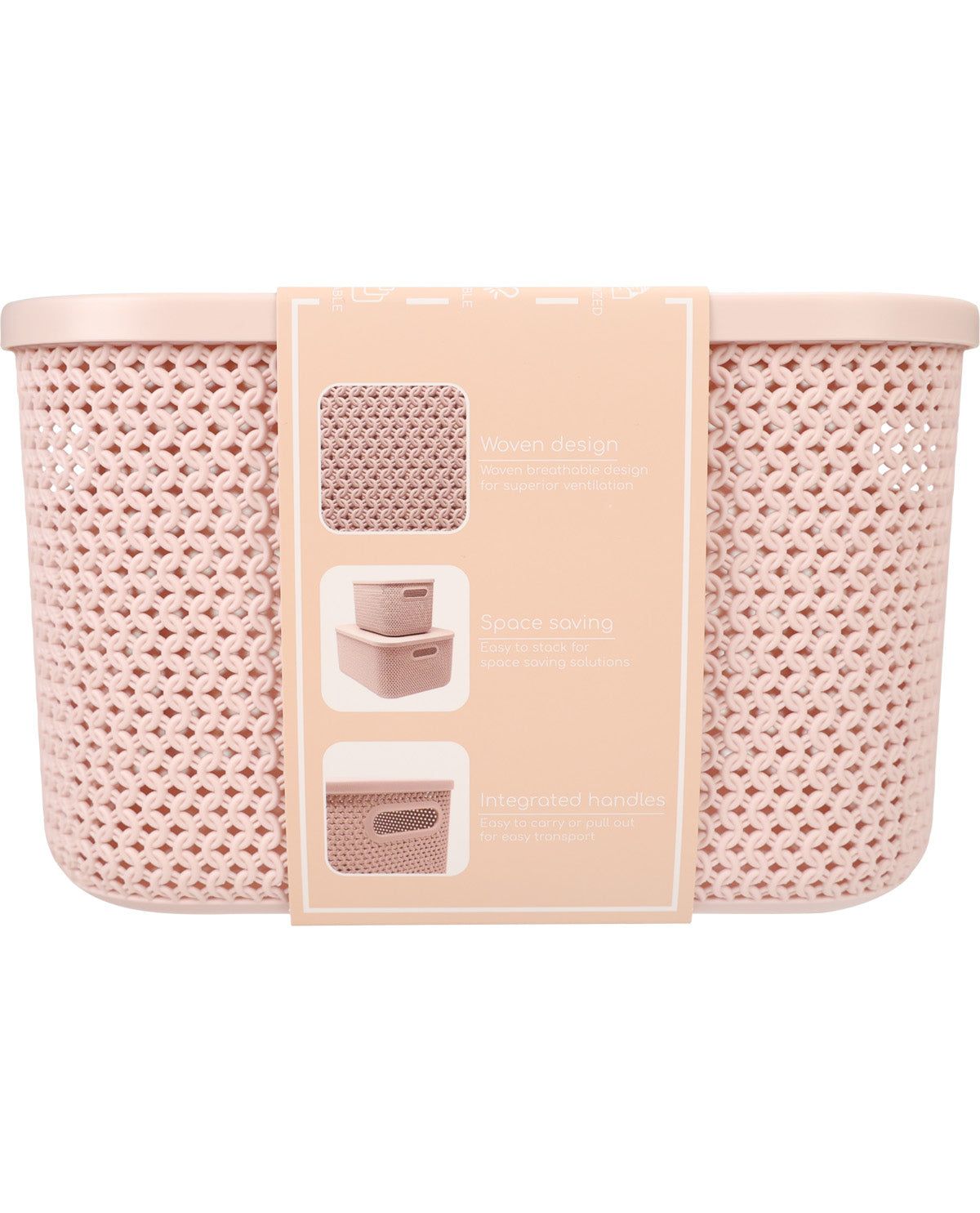 A light pink plastic mesh laundry basket with integrated handles, shown with its product information card in the center against a white background.