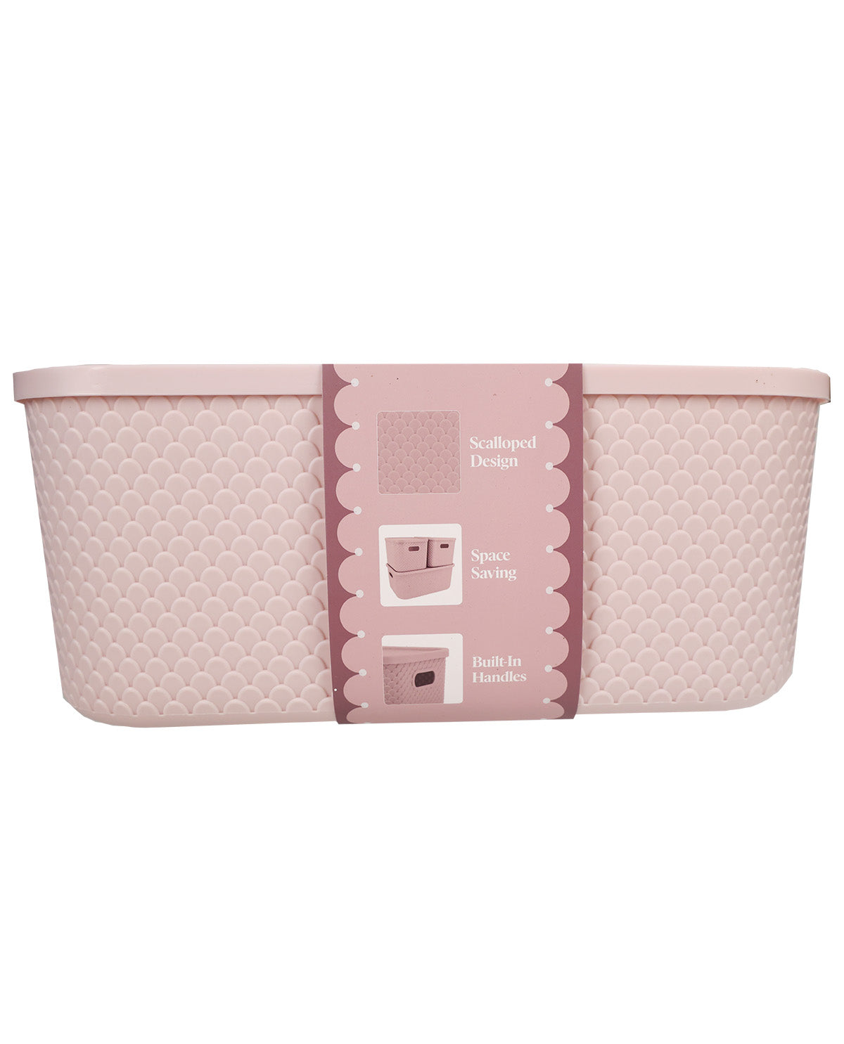 A dusty pink plastic bath basket with a scalloped rim and a textured honeycomb pattern, wrapped in a pink paper band that reads 'Scalloped Design', 'Spa. Saving', and 'Bath In Handley'.