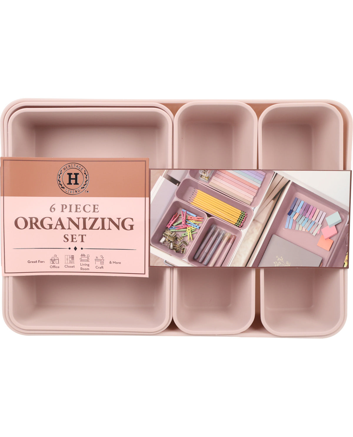 A 6-piece desk organizing set in a dusty pink color, featuring a rectangular tray, a pencil holder, and two small accessory compartments. A paper label is wrapped around the set, displaying the brand logo and product details.