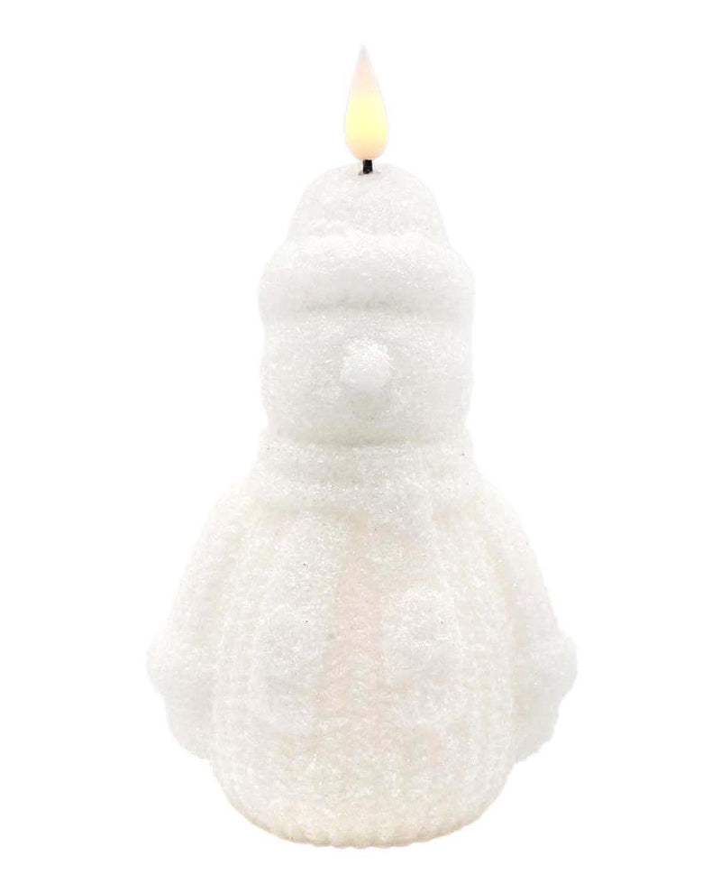 A white snowman-shaped candle with a textured, fuzzy surface and a small glowing flame on top, isolated on a white background.