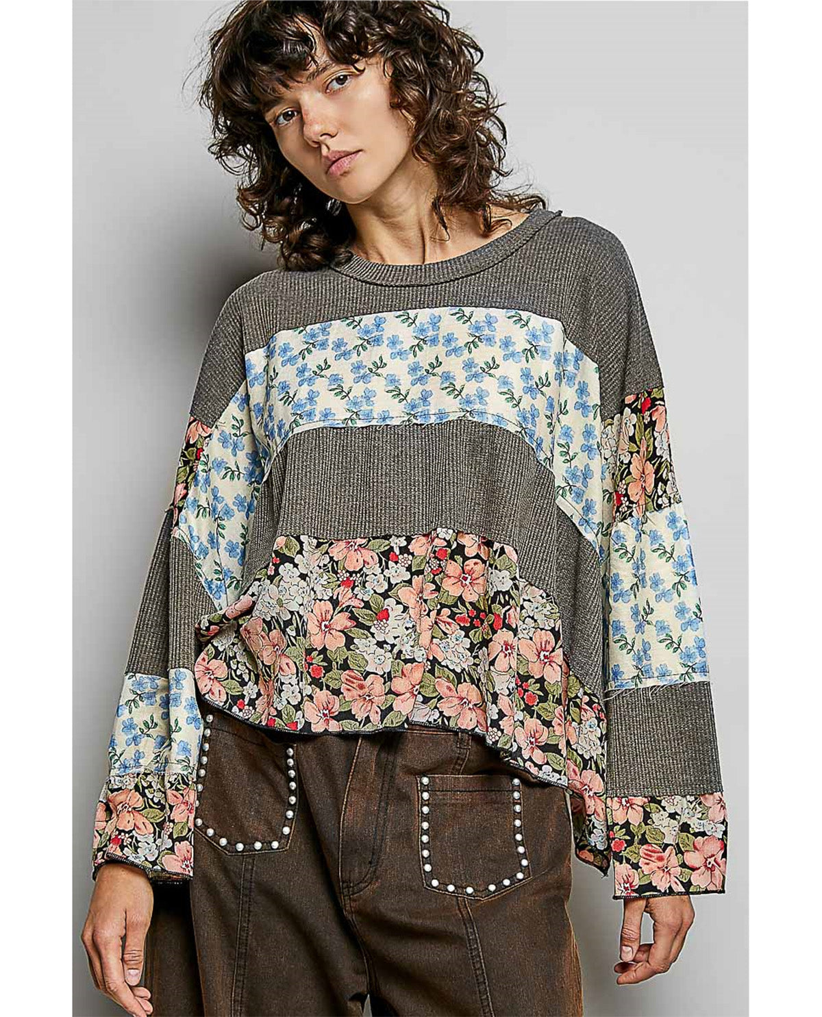 POL Floral Embroidered Print Block Top