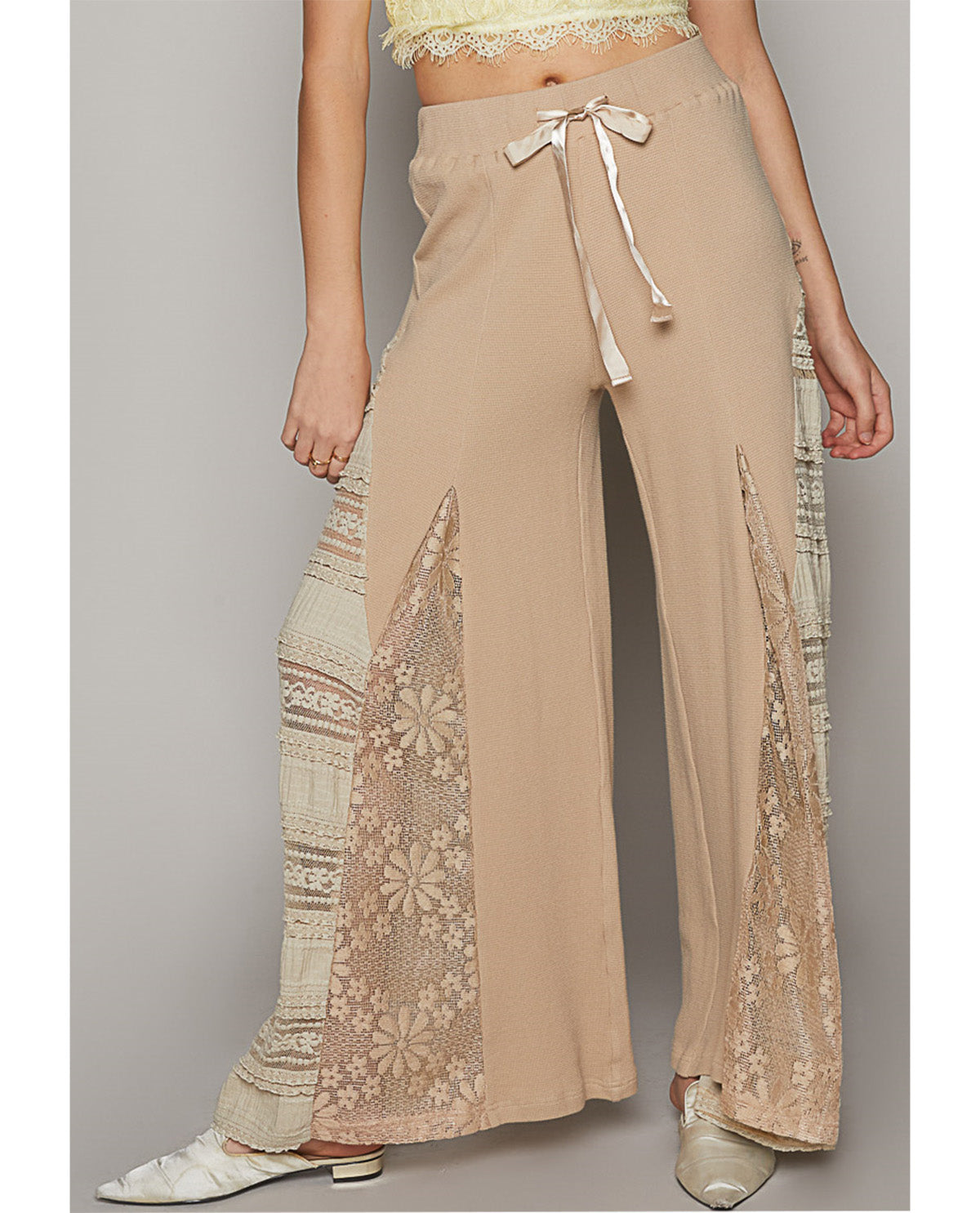 POL Wide Leg Mix Media Pant Latte