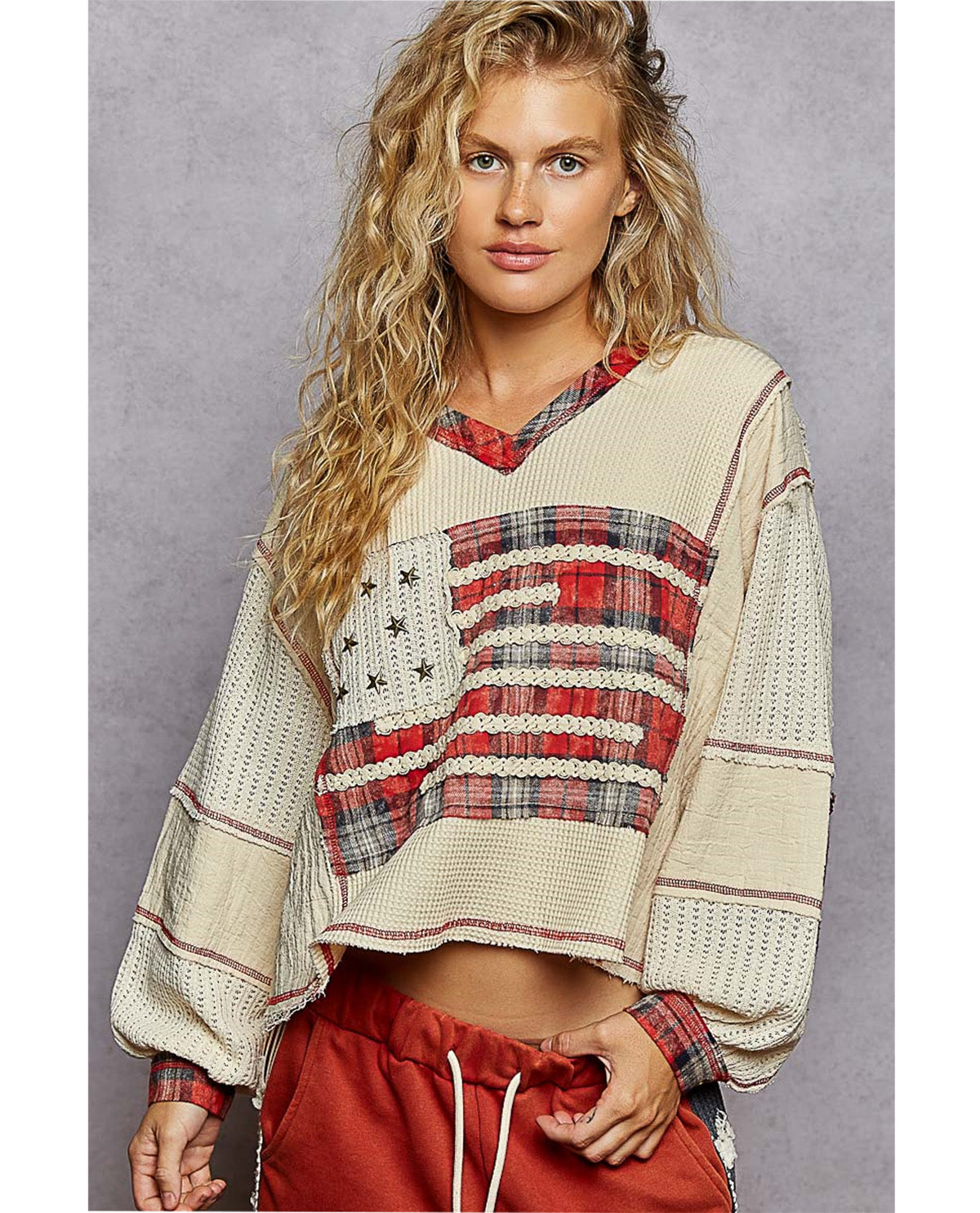 POL Patchwork Print Top Cream