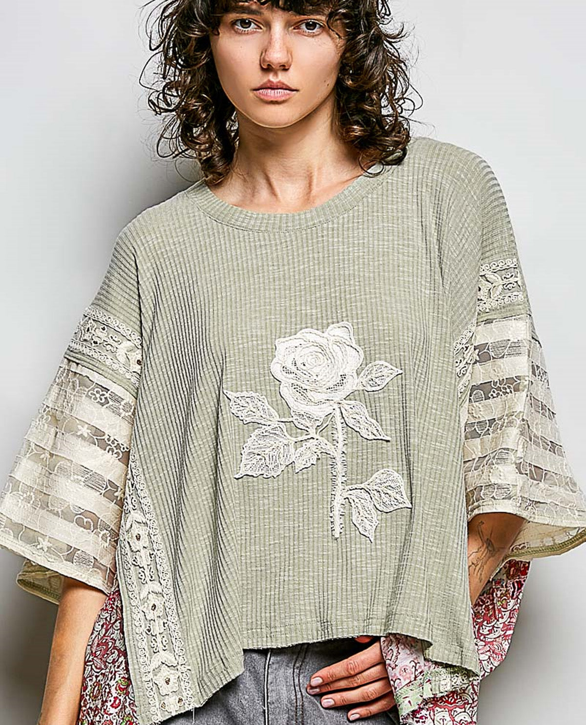 POL Mixed Print Top With Rose Applique Sage