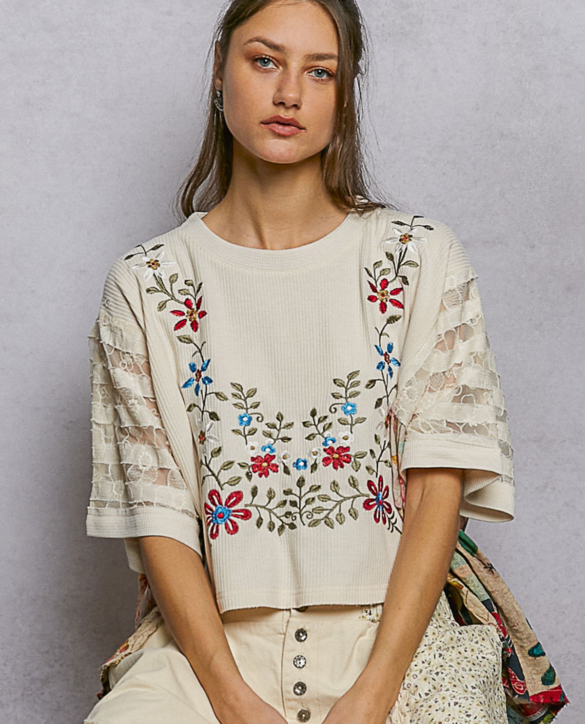 POL Mixed Print Floral Top Cream