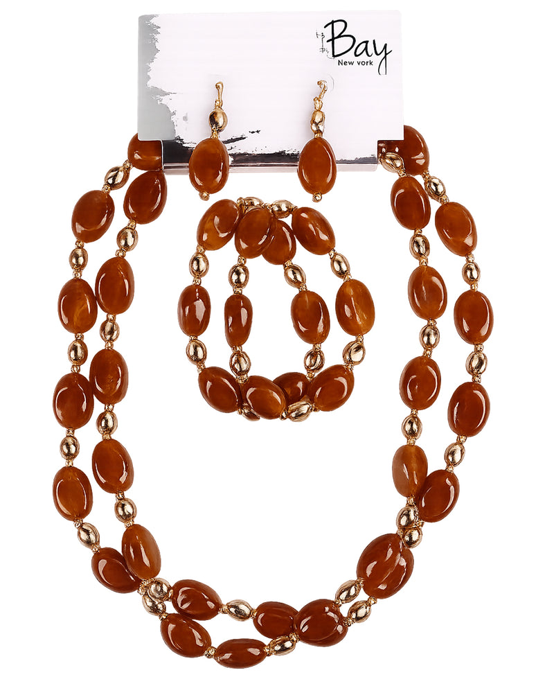 By The Bay 2 Row Beaded Necklace Earring Bracelet Set Brown