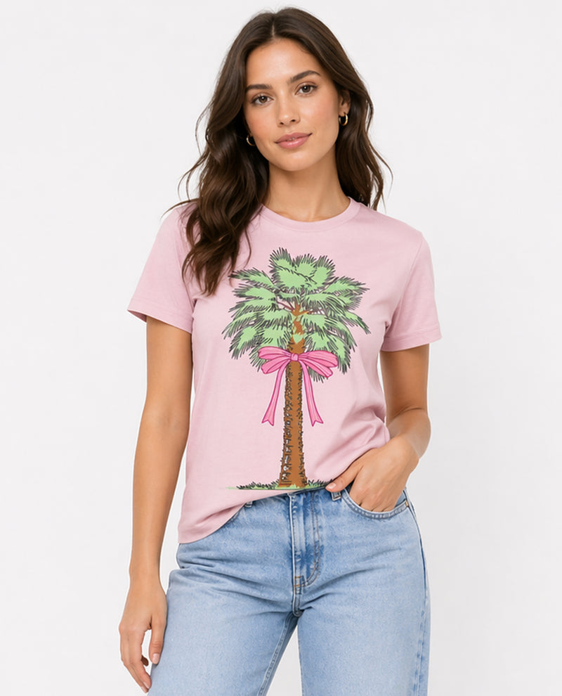 Palm Tree Short Sleeve Screen Tee Lt Pink