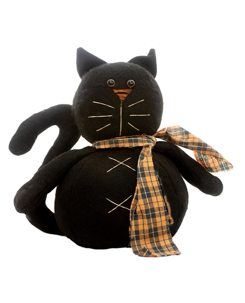 A black cat-shaped plush doll with embroidered facial features, long legs, and a plaid orange and green scarf, isolated on a white background.