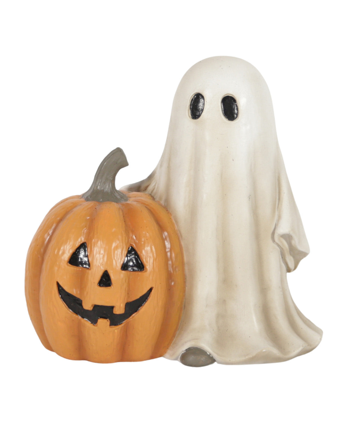 Halloween decoration featuring a carved orange jack-o'-lantern pumpkin and a white ghost figure with black eyes, shown on a plain white background.